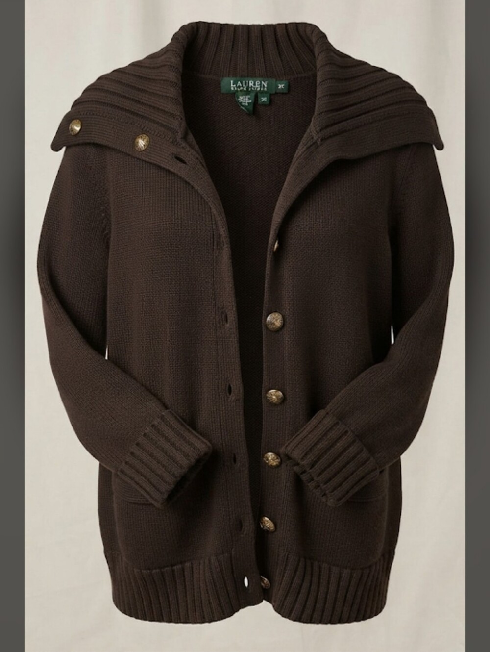 Lauren Ralph Lauren Chocolate Brown Ribbed Collar Button-Up Cardigan